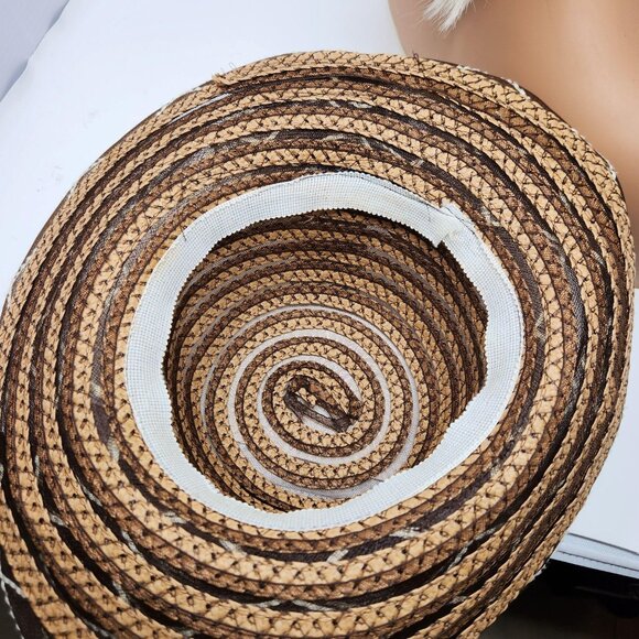 Vintage Brown Tan Wide Brim Straw Summer Sun Hat with Woven Ribbon Flower - Picture 5 of 5